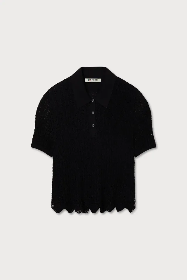 Ports Openwork Polo top donna maglia nera traforata S