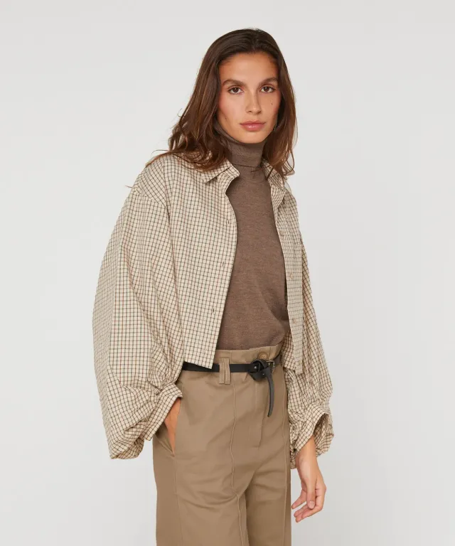 Rodier camicia corta quadri beige maniche sbuffo