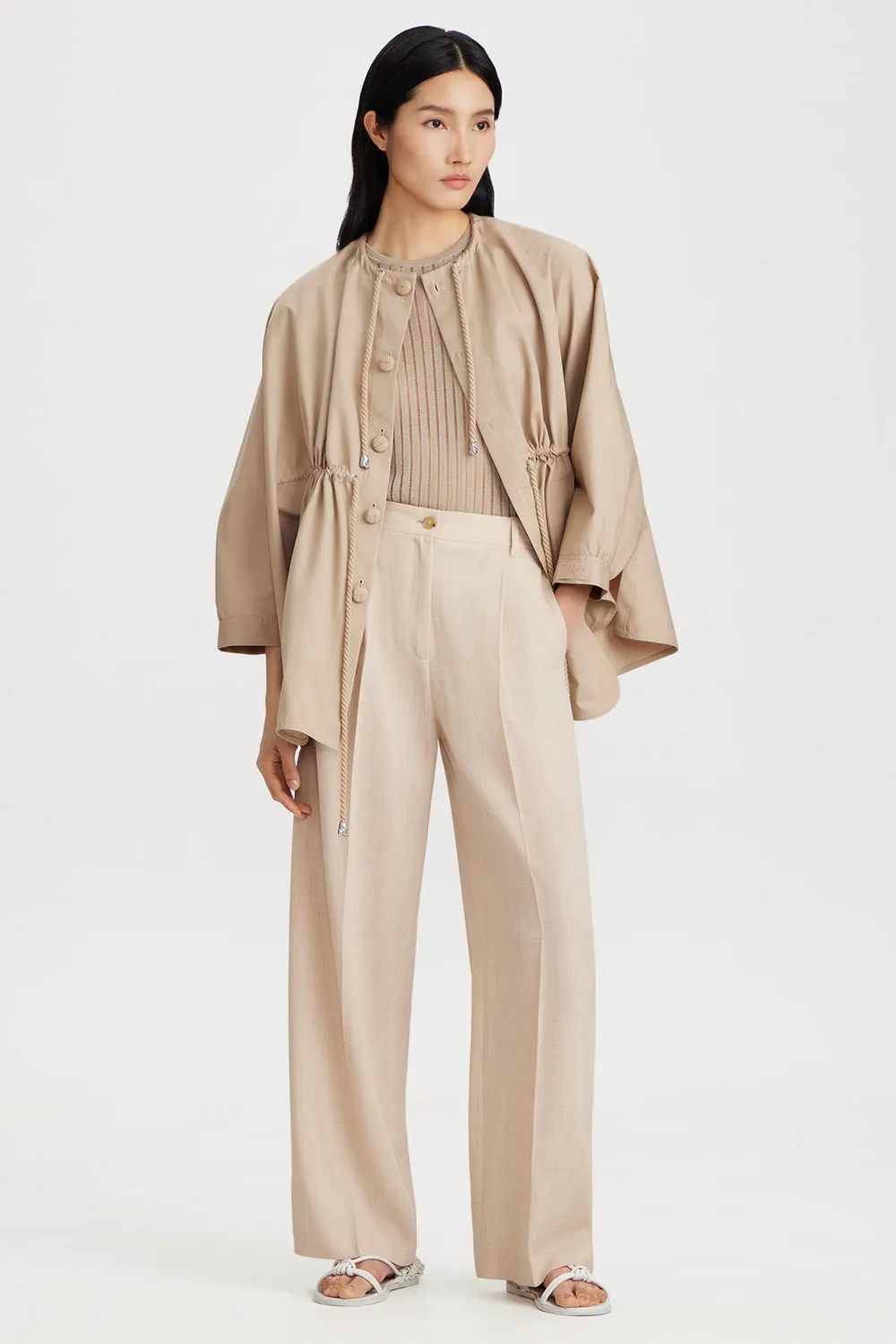 PORTS 1961 Sheer Stripe Top maglia taupe a righe