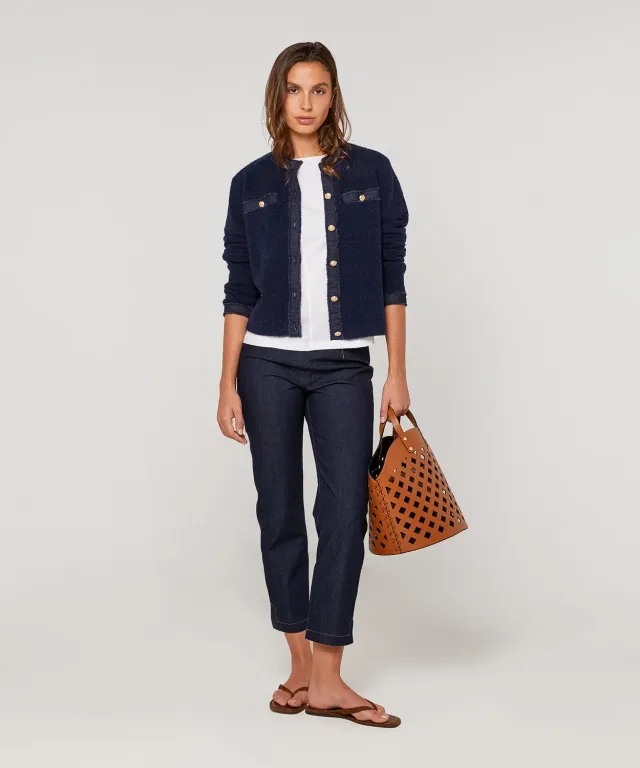 Rodier Cardigan bimateriale blu navy bottoni dorati