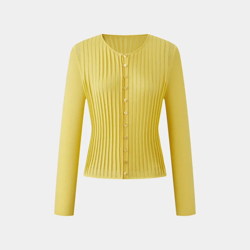 Ports Pleat Button-Front Cardigan giallo pieghe bottoni
