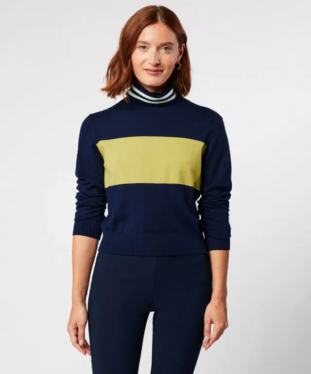 Rodier Maglione dolcevita corto bicolore blu navy piping