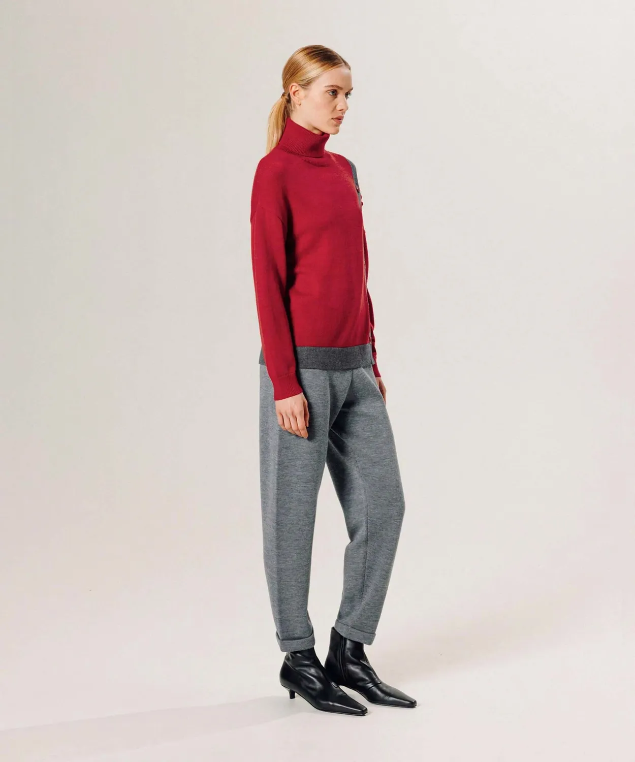 Rodier maglione collo alto lana merino rosso asimmetrico
