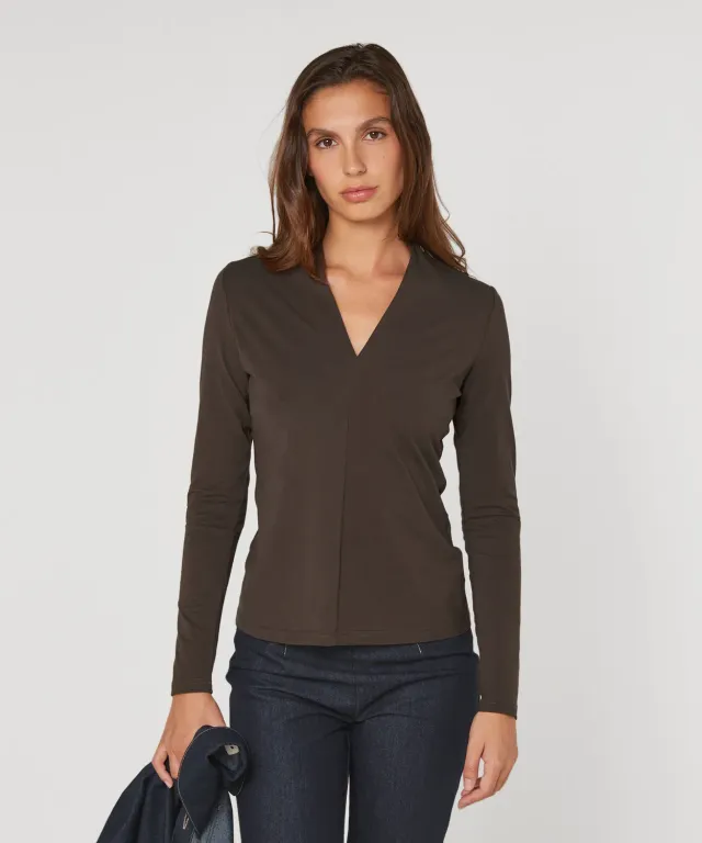 Rodier t-shirt scollo V marrone maniche lunghe