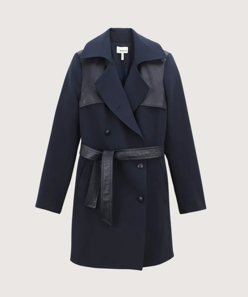 Rodier Trench Pelle Blu Marino Doppiopetto 38